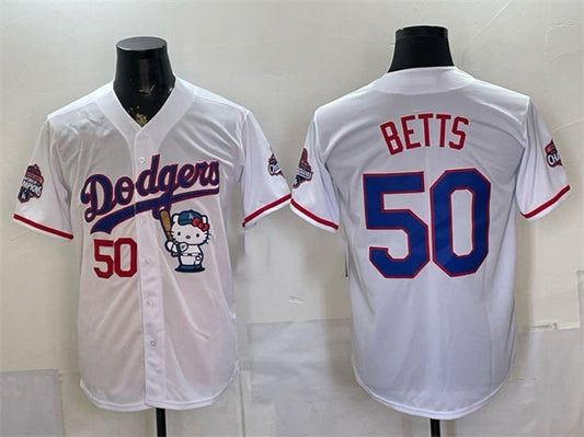 Los Angeles Dodgers #50 Mookie Betts White Hello Kitty Night 2025 World Series Champions Patch Stitched Jersey - Main View