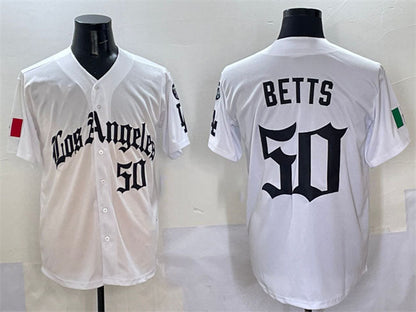 Los Angeles Dodgers #50 Mookie Betts White Mexico 2025 LA Gothic Style With Fernando Patch Vapor Premier Limited Stitched Baseball Jersey - Main View