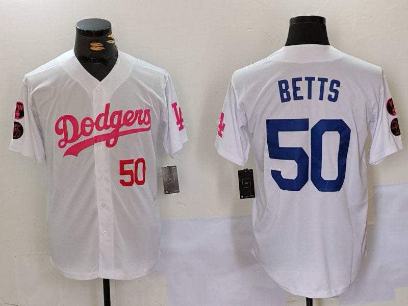 Los Angeles Dodgers #50 Mookie Betts White Pink Vin & Kobe Patch Stitched Baseball Jersey - Main View