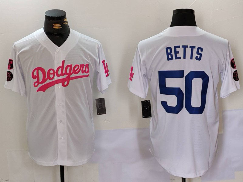 Los Angeles Dodgers #50 Mookie Betts White Pink Vin & Kobe Patch Stitched Baseball Jersey - Main View