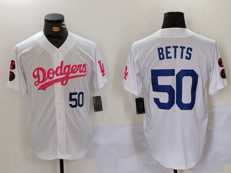 Los Angeles Dodgers #50 Mookie Betts White Pink Vin & Kobe Patch Stitched Baseball Jerseys - Main View