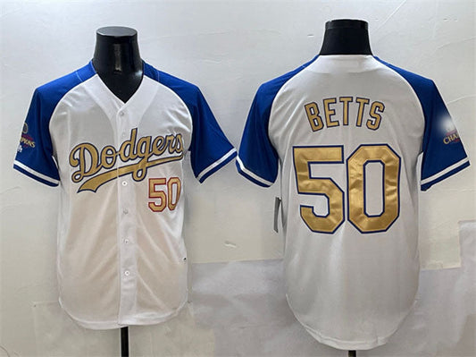 Los Angeles Dodgers #50 Mookie Betts White Royal Gold 2024 World Series Champions Vapor Limited Stitched Baseball Jersey - Main View