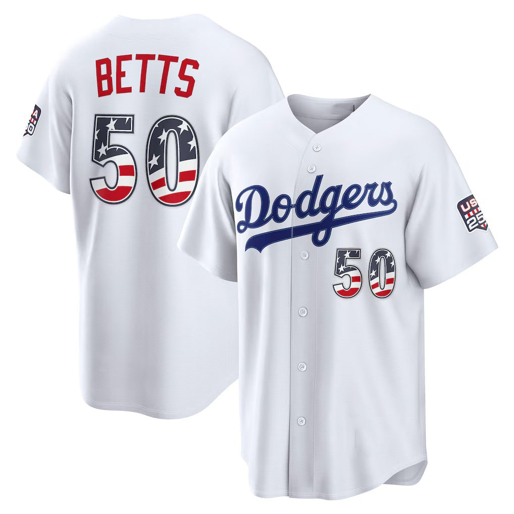 Los Angeles Dodgers #50 Mookie Betts White USA 250 Fourth of July Home Stadium Jersey - Main View