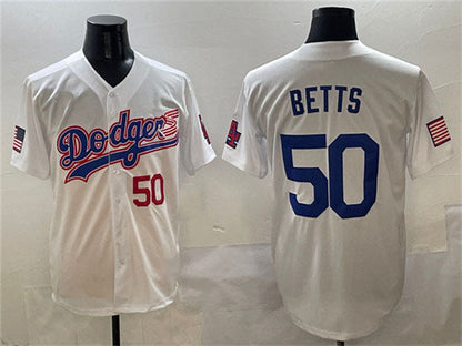 Los Angeles Dodgers #50 Mookie Betts White With American Flag Patch Limited Stitched Baseball Jersey - Main View