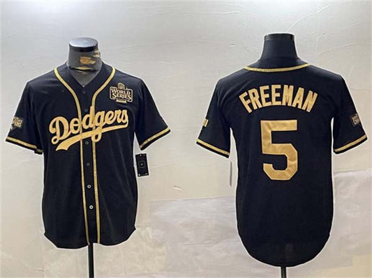 Los Angeles Dodgers #5 Freddie Freeman Black Gold 2024 World Series Patch And Champions Patch Cool Base Stitched Baseball Jersey - Main View