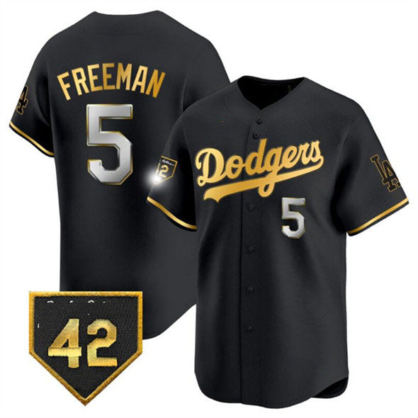Los Angeles Dodgers #5 Freddie Freeman Black Gold With Jackie Robinson Patch Limited Stitched Baseball Jersey - Main View