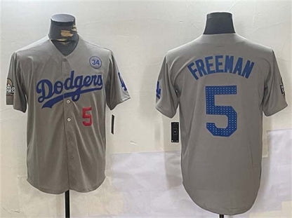 Los Angeles Dodgers #5 Freddie Freeman Gray 2024 World Series With No. 34 Patch Limited Stitched Baseball Jersey - Main View