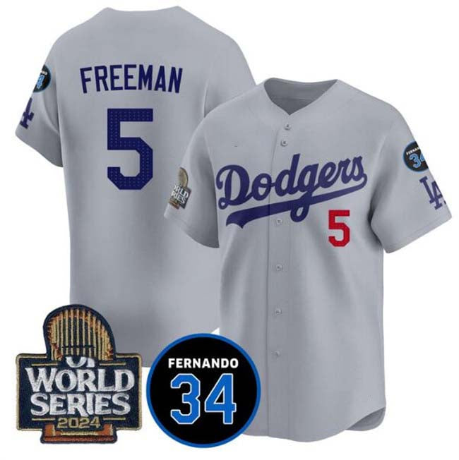 Los Angeles Dodgers #5 Freddie Freeman Grey 2024 World Series With Fernando Memorial Patch Limited Stitched Baseball Jersey - Main View
