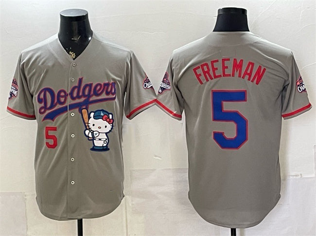 Los Angeles Dodgers #5 Freddie Freeman Grey Hello Kitty Night 2025 World Series Champions Patch Stitched Jersey - Main View