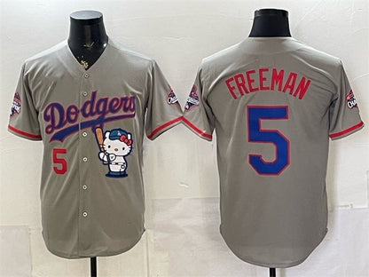 Los Angeles Dodgers #5 Freddie Freeman Grey Hello Kitty Night 2025 World Series Champions Patch Stitched Jersey - Main View