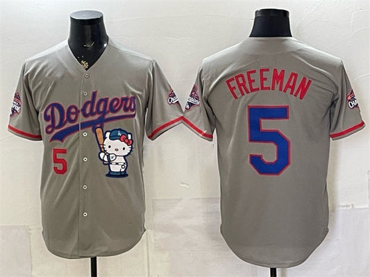 Los Angeles Dodgers #5 Freddie Freeman Grey Hello Kitty Night 2025 World Series Champions Patch Stitched Jersey - Main View