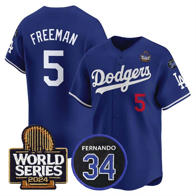 Los Angeles Dodgers #5 Freddie Freeman Royal 2024 World Series With Fernando Memorial Patch Limited Stitched Baseball Jersey - Main View