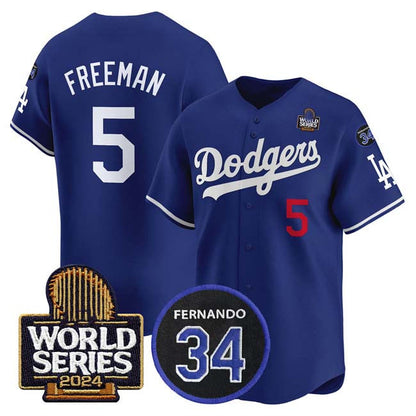 Los Angeles Dodgers #5 Freddie Freeman Royal 2024 World Series With Fernando Memorial Patch Limited Stitched Baseball Jersey - Main View