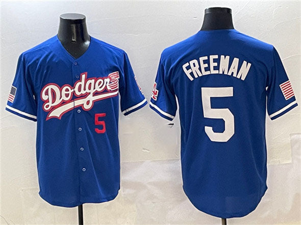 Los Angeles Dodgers #5 Freddie Freeman Royal With American Flag Patch Limited Stitched Baseball Jersey - Main View