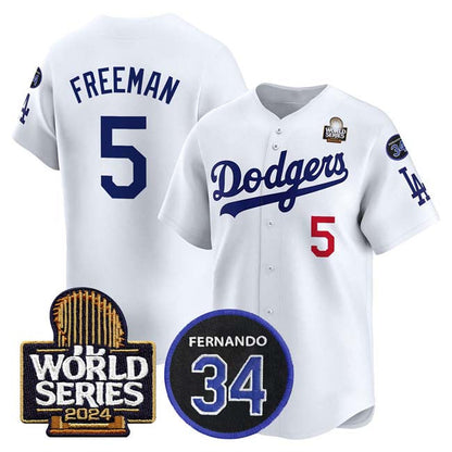 Los Angeles Dodgers #5 Freddie Freeman White 2024 World Series With Fernando Memorial Patch Limited Stitched Baseball Jersey - Main View