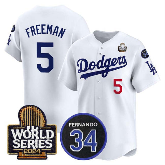 Los Angeles Dodgers #5 Freddie Freeman White 2024 World Series With Fernando Memorial Patch Limited Stitched Baseball Jersey - Main View