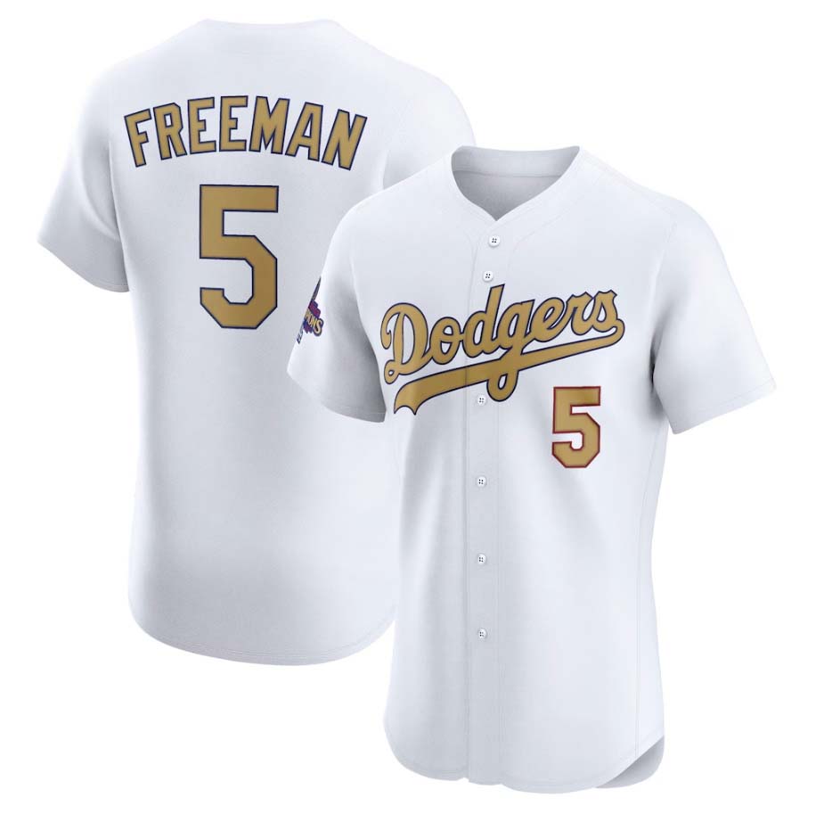 Los Angeles Dodgers #5 Freddie Freeman White 2025 Gold Collection Elite Stitched Baseball Jersey - Main View