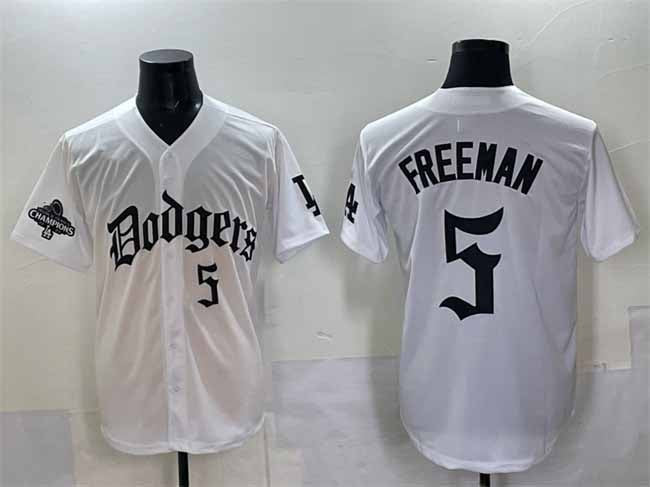 Los Angeles Dodgers #5 Freddie Freeman White 2025 LA Gothic Style With 2024 World Series Champions Patch Vapor Premier Limited Stitched Baseball Jersey - Main View