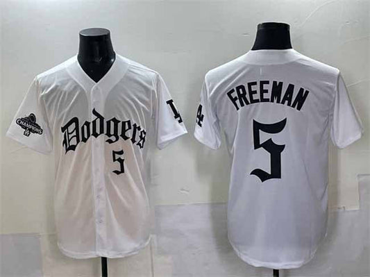 Los Angeles Dodgers #5 Freddie Freeman White 2025 LA Gothic Style With 2024 World Series Champions Patch Vapor Premier Limited Stitched Baseball Jersey - Main View