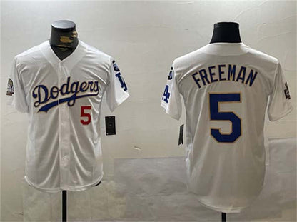 Los Angeles Dodgers #5 Freddie Freeman White Gold 2024 World Series With Fernando Memorial Patch Home Limited Stitched Baseball Jersey - Main View