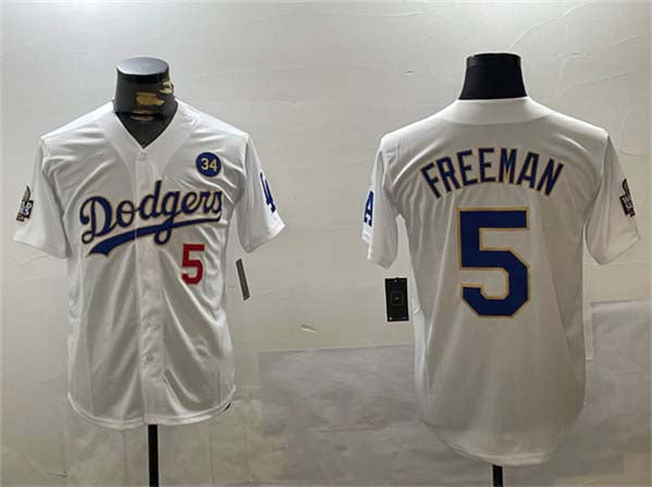 Los Angeles Dodgers #5 Freddie Freeman White Gold 2024 World Series With No. 34 Patch Home Limited Stitched Baseball Jersey - Main View