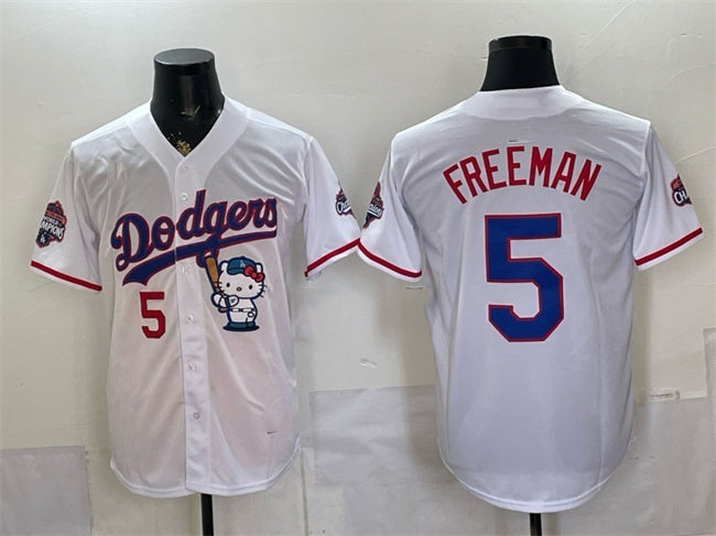 Los Angeles Dodgers #5 Freddie Freeman White Hello Kitty Night 2025 World Series Champions Patch Stitched Jersey - Main View