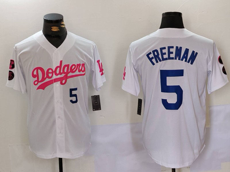 Los Angeles Dodgers #5 Freddie Freeman White Pink Vin & Kobe Patch Stitched Baseball Jersey - Main View