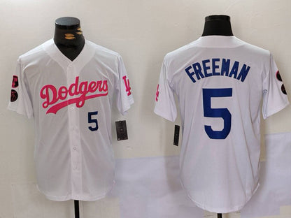 Los Angeles Dodgers #5 Freddie Freeman White Pink Vin & Kobe Patch Stitched Baseball Jersey - Main View