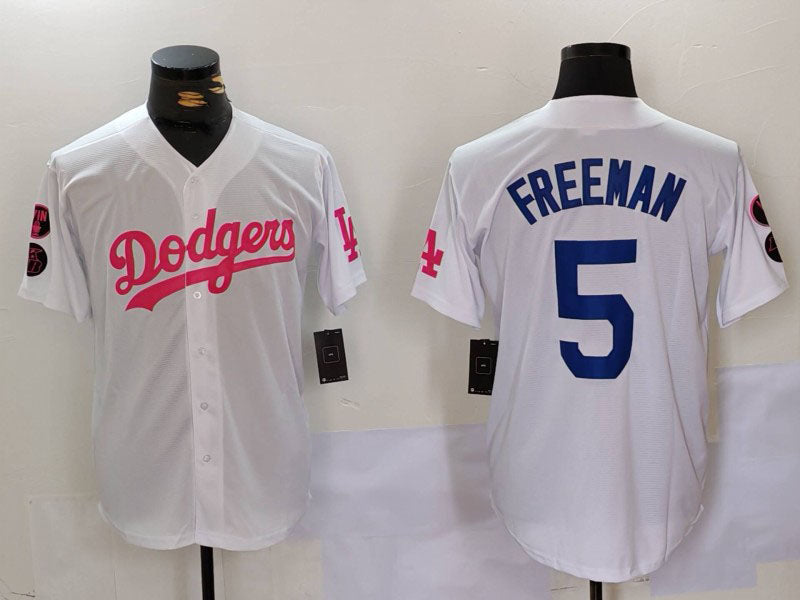 Los Angeles Dodgers #5 Freddie Freeman White Pink Vin & Kobe Patch Stitched Baseball Jersey - Main View