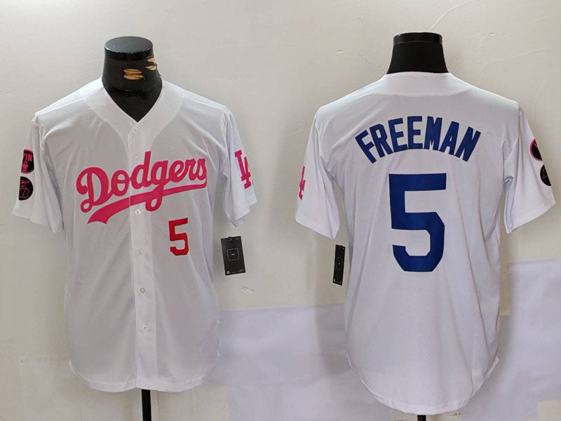 Los Angeles Dodgers #5 Freddie Freeman White Pink Vin & Kobe Patch Stitched Baseball Jerseys - Main View