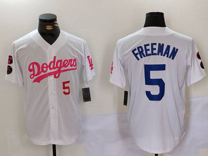 Los Angeles Dodgers #5 Freddie Freeman White Pink Vin & Kobe Patch Stitched Baseball Jerseys - Main View