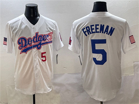 Los Angeles Dodgers #5 Freddie Freeman White With American Flag Patch Limited Stitched Baseball Jersey - Main View