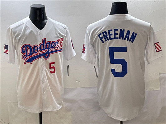 Los Angeles Dodgers #5 Freddie Freeman White With American Flag Patch Limited Stitched Baseball Jersey - Main View