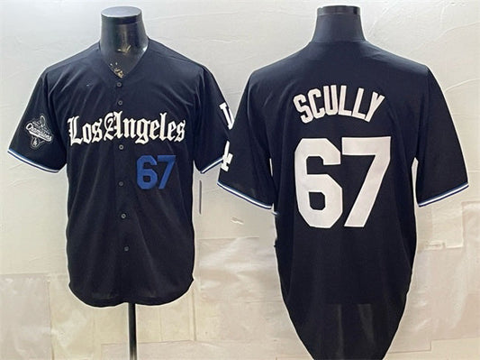 Los Angeles Dodgers #67 Vin Scully Black 2025 World Series Champions Patch 'Gothic Edition' Vapor Premier Limited Stitched Baseball Jersey - Main View