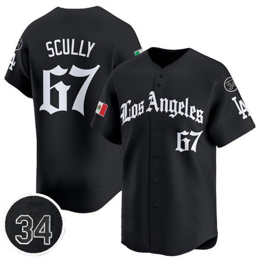 Los Angeles Dodgers #67 Vin Scully Black Mexico 2025 LA Gothic Style With Fernando Patch Vapor Premier Limited Stitched Baseball Jersey - Main View