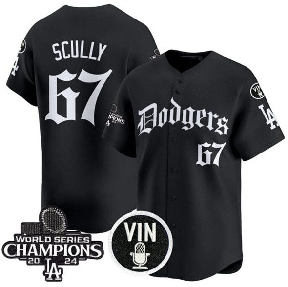 Los Angeles Dodgers #67 Vin Scully Black Mexico 2025 LA Gothic Style With Vin And 2024 World Series Champions Patch Vapor Premier Limited Stitched Baseball Jersey - Main View