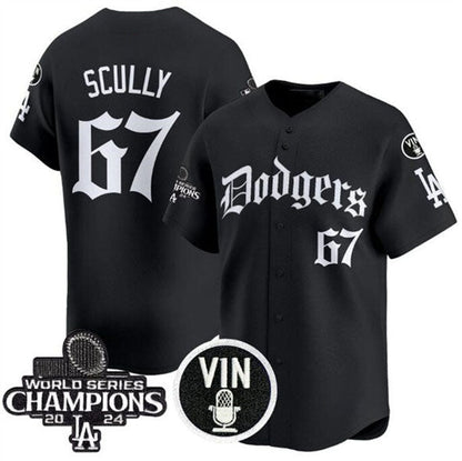 Los Angeles Dodgers #67 Vin Scully Black Mexico 2025 LA Gothic Style With Vin And 2024 World Series Champions Patch Vapor Premier Limited Stitched Baseball Jersey - Main View