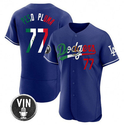 Los Angeles Dodgers #77 Pezo Pluma Royal Mexico Special Vin Scully Patch Flex Base Stitched Baseball Jersey - Main View