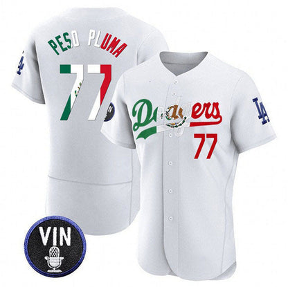 Los Angeles Dodgers #77 Pezo Pluma White Mexico Special Vin Scully Patch Flex Base Stitched Baseball Jersey - Main View