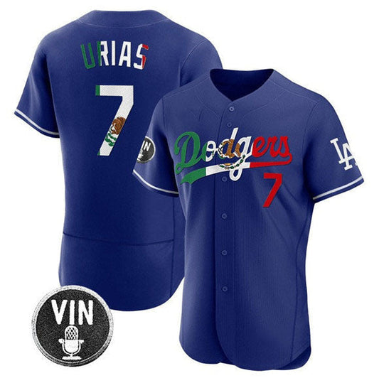 Los Angeles Dodgers #7 Julio Urias Royal Mexico Special Vin Scully Patch Flex Base Stitched Baseball Jersey - Main View