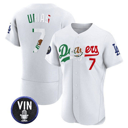 Los Angeles Dodgers #7 Julio Urias White Mexico Special Vin Scully Patch Flex Base Stitched Baseball Jersey - Main View