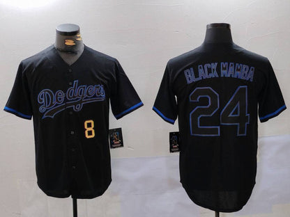 Los Angeles Dodgers #8 24 Kobe Bryant Black Mamba Lights Out Black Fashion Stitched Cool Base Baseball Jerseys - Main View