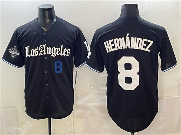 Los Angeles Dodgers #8 Enrique Hern¨¢ndez Black 2025 World Series Champions Patch 'Gothic Edition' Vapor Premier Limited Stitched Baseball Jersey - Main View