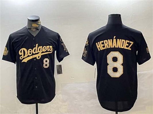 Los Angeles Dodgers #8 Enrique Hernández Black Gold 2024 World Series With Fernando Memorial Patch Home Limited Stitched Baseball Jersey - Main View