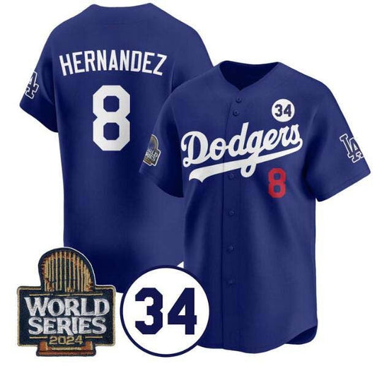 Los Angeles Dodgers #8 Enrique Hernández Royal 2024 World Series With No. 34 Patch Limited Stitched Baseball Jersey - Main View