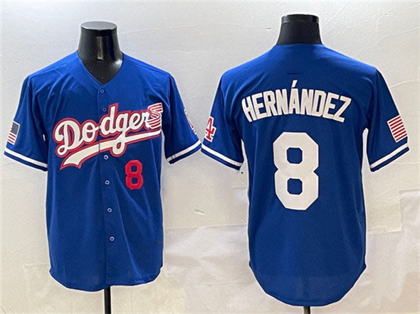 Los Angeles Dodgers #8 Enrique Hernández Royal With American Flag Patch Limited Stitched Baseball Jersey - Main View
