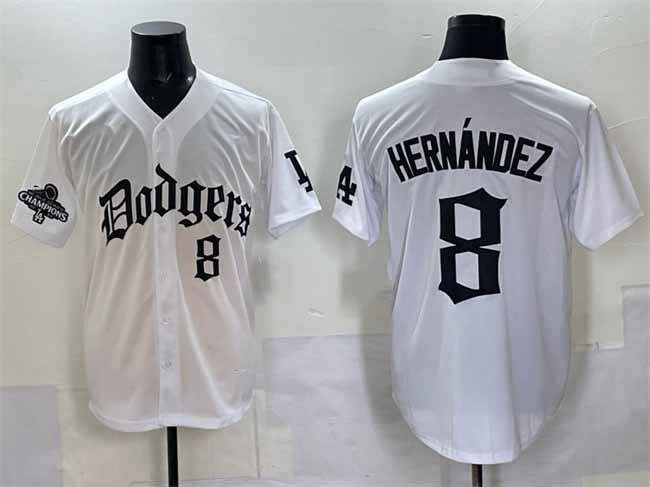 Los Angeles Dodgers #8 Enrique Hernández White 2025 LA Gothic Style With 2024 World Series Champions Patch Vapor Premier Limited Stitched Baseball Jersey - Main View