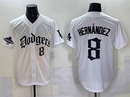 Los Angeles Dodgers #8 Enrique Hernández White 2025 LA Gothic Style With 2024 World Series Champions Patch Vapor Premier Limited Stitched Baseball Jersey - Main View