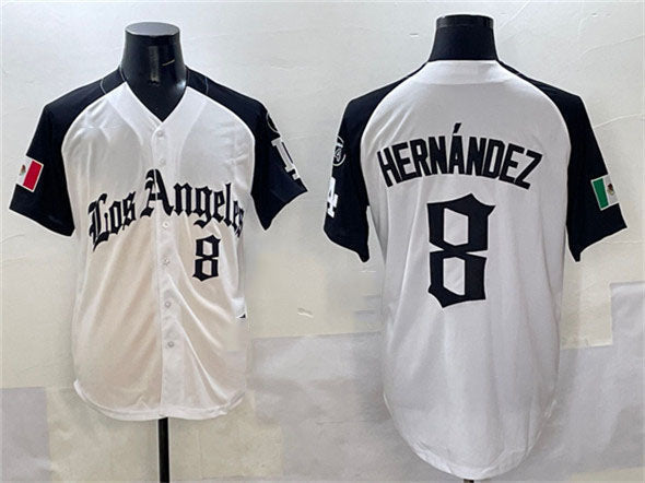Los Angeles Dodgers #8 Enrique Hernandez White Black Mexico 2025 LA Gothic Style With Fernando Patch Vapor Premier Limited Stitched Baseball Jersey