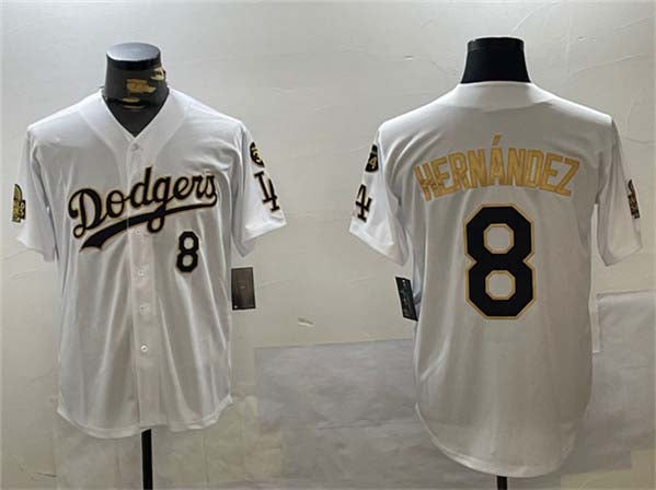 Los Angeles Dodgers #8 Enrique Hernández White Gold 2024 World Series With Fernando Memorial Patch Home Limited Stitched Baseball Jersey - Main View